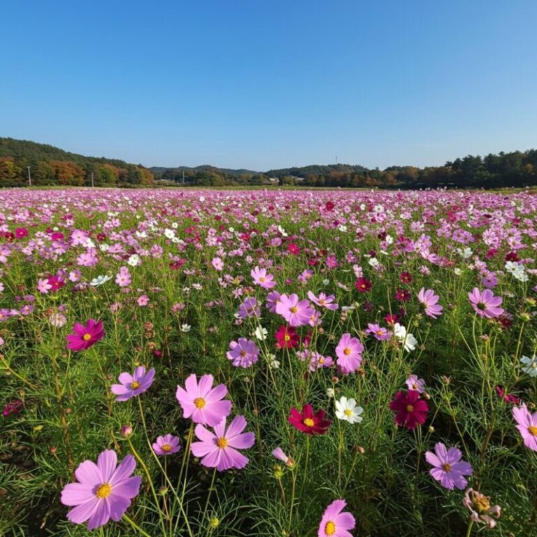 가을 하늘 아래 끝없이 펼쳐진 코스모스 들판의 풍경입니다.