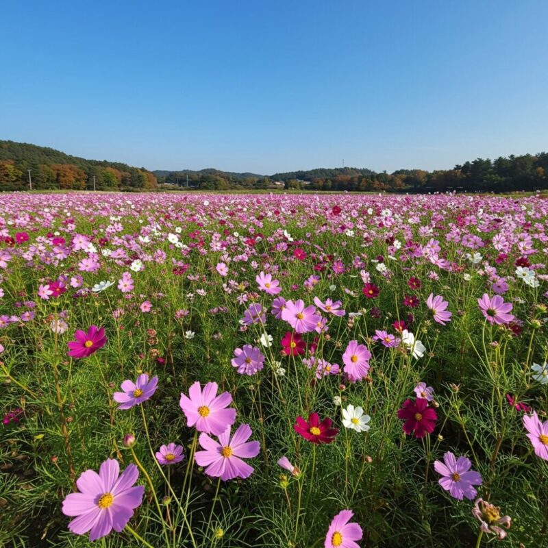 가을 하늘 아래 끝없이 펼쳐진 코스모스 들판의 풍경입니다.