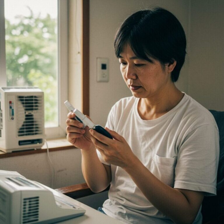 더운 여름날 실내에서 혈당 수치를 확인하며 건강 관리에 집중하는 모습입니다.