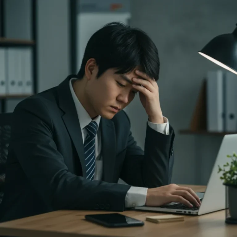 장시간 앉아서 근무하며 피로와 스트레스를 느끼는 젊은 직장인의 모습