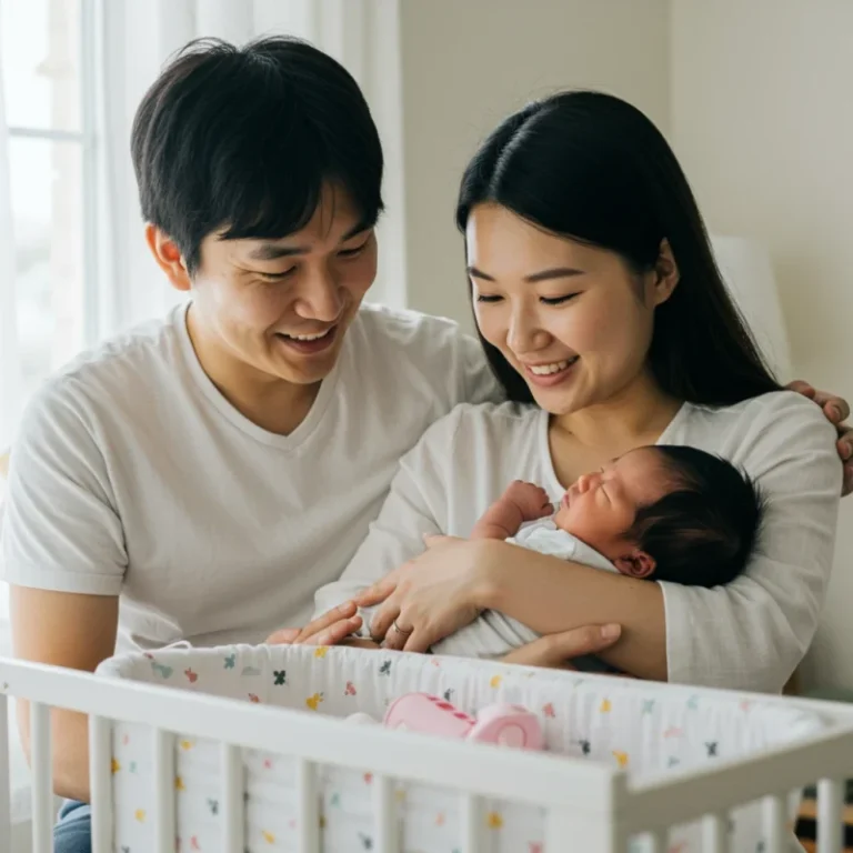 사랑스러운 아기와 함께 행복한 미소를 짓고 있는 젊은 부부의 따뜻한 모습입니다.