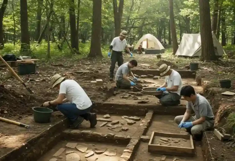 로어노크 식민지의 미스터리를 풀기 위해 현대 고고학자들이 유적지에서 발굴 작업을 진행하는 모습.