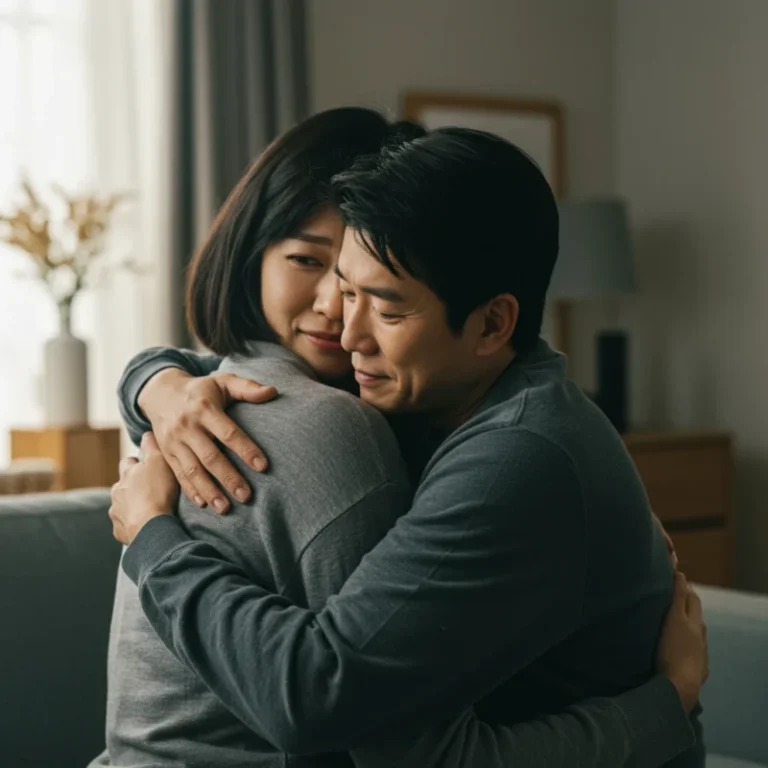 따뜻하고 편안한 빛 속에서 서로를 다정하게 안아주는 두 사람의 모습.