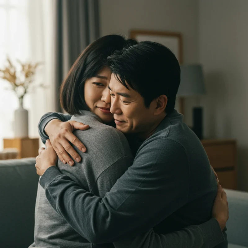 따뜻하고 편안한 빛 속에서 서로를 다정하게 안아주는 두 사람의 모습.