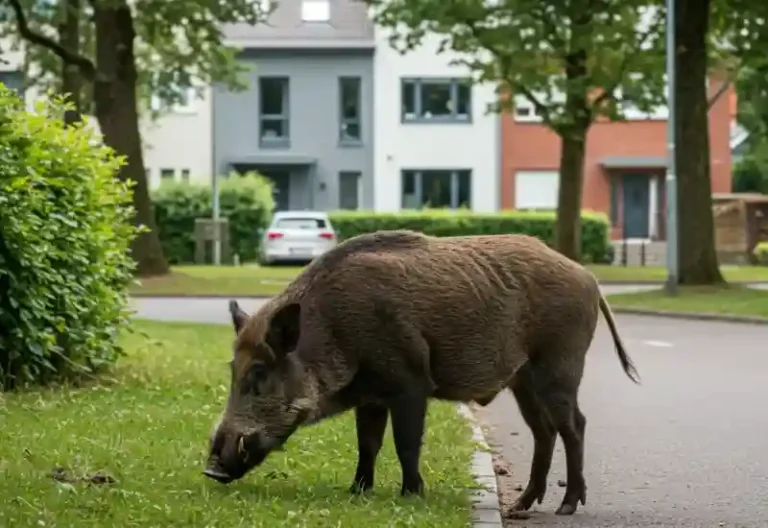 주택가 근처 풀밭에서 먹이를 찾는 멧돼지의 모습입니다.