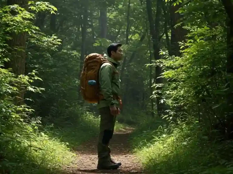 숲길에서 주변을 경계하며 조심스럽게 주변을 살피는 등산객의 모습입니다.