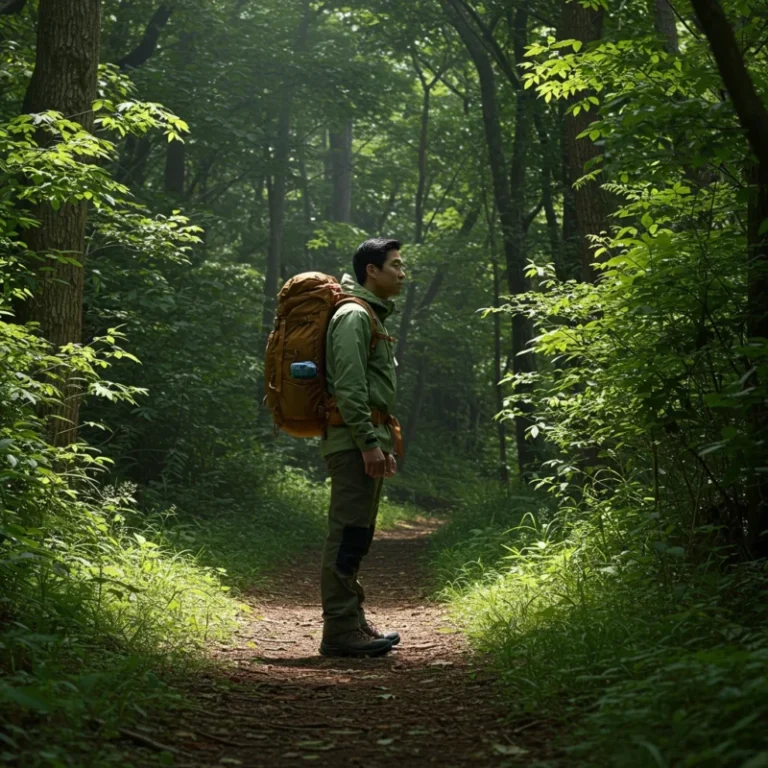 숲길에서 주변을 경계하며 조심스럽게 주변을 살피는 등산객의 모습입니다.