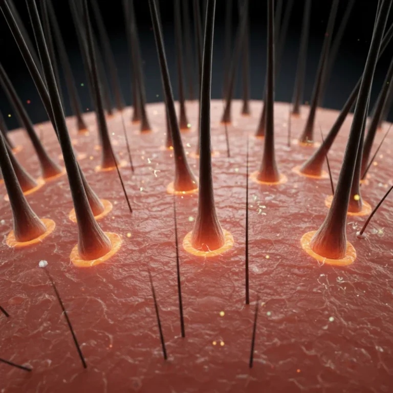 건강하게 활성화되어 성장하는 모낭과 풍성한 모발을 보여주는 개념적인 이미지.