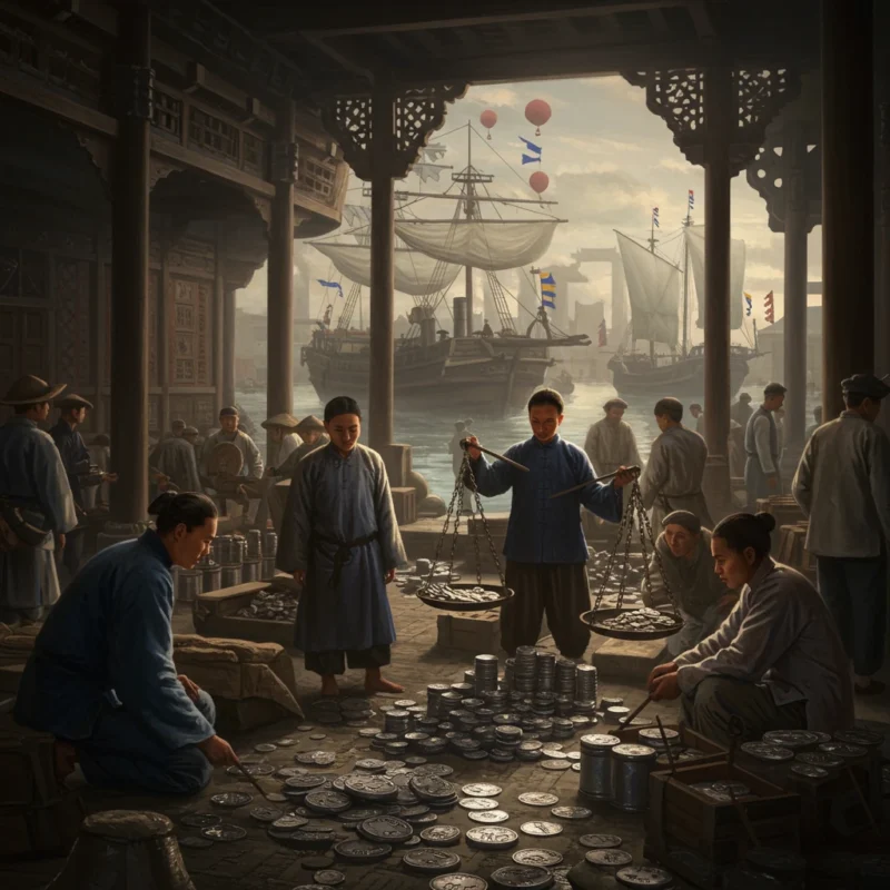 19세기 중국 무역항에서 은화를 거래하는 모습으로 당시 경제적 불균형을 나타냅니다.※AI 제작 이미지
