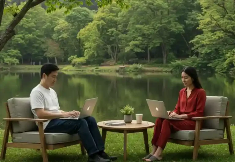 아름다운 자연 속에서 사람들이 노트북으로 업무를 보고 있다.※AI 제작 이미지