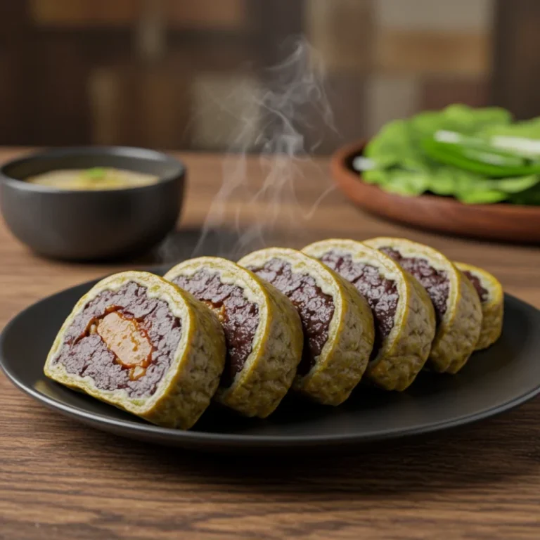 먹음직스럽게 썰린 아바이순대 한 접시의 풍성하고 고소한 모습.