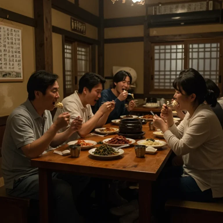 아바이마을 식당에서 사람들이 아바이순대와 오징어순대를 맛있게 즐기는 모습.