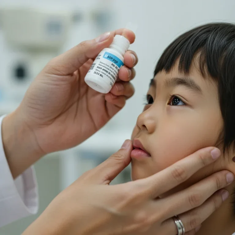 안과 의사가 아이의 눈에 특수 안약을 점안하는 모습.