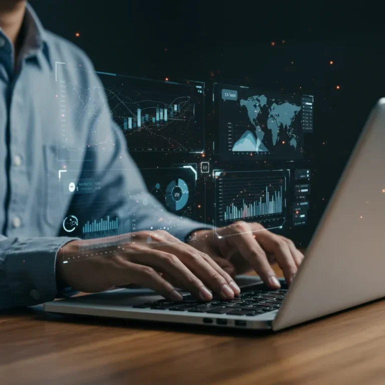 노트북으로 디지털 마케팅 데이터를 분석하며 인공지능의 도움을 받는 모습.