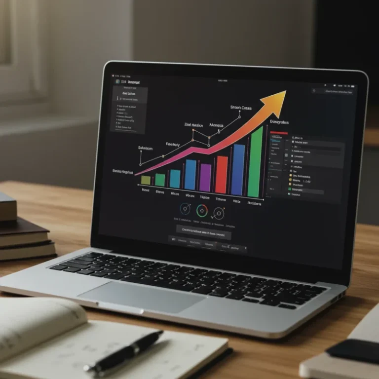 깔끔하게 정돈된 책상 위에 놓인 노트북 화면에 사업 성공을 위한 전략적인 그래프가 펼쳐져 있는 모습.