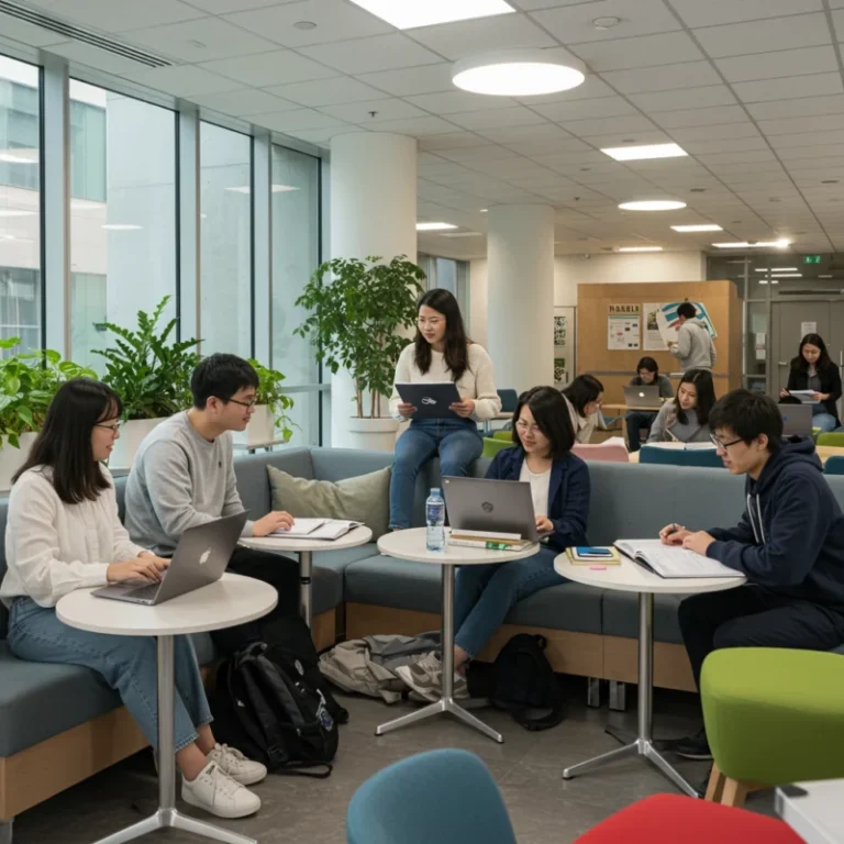 자연광이 가득한 현대적인 대학 공간에서 지속가능성 프로젝트에 협력하는 동아시아 학생들이 보이는 모습입니다.