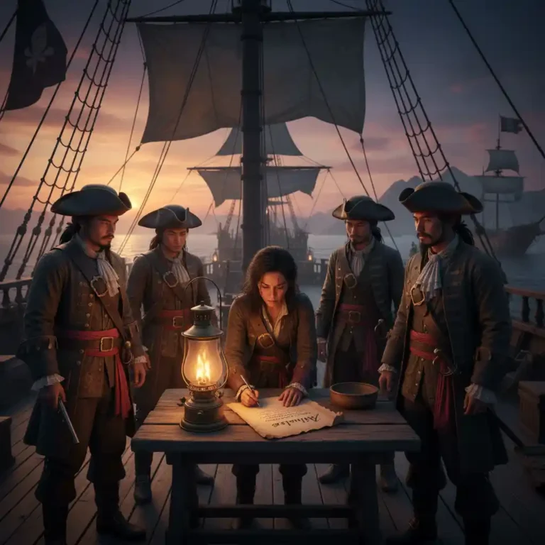 해적 선원들은 출항 전 전원이 동의하는 자치 규약을 작성하고 성경이나 도끼에 손을 얹어 서약한다.(사진=AI 생성 이미지)35kb